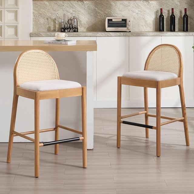 LukeAlon Modern Linen Bar Stools Set of 2, 29" Seat Height Tall Bar Chairs with Wooden Legs Natural Rattan Cane Back Bar Height Counter Stools with Footrest for Kitchen Home Pub, Beige