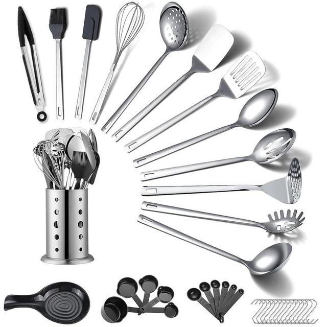 ReaNea Stainless Steel Kitchen Utensils Set 40 Pieces, Cooking Utensil Set with Utensils Holder, Kitchen Gadgets Kitchen Essentials New Home, House, Appartment Must Have, Metal Spatula Set