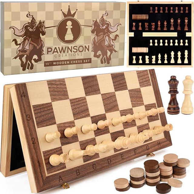 Magnetic Wooden Chess Checkers Set for Kids and Adults – 15” Staunton Chess Set - Travel Portable Folding Chess Board Game Sets - Storage for Wood Pieces - Unique E-Book for Beginner - 2 Extra Queens
