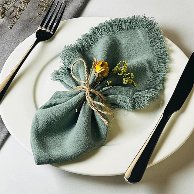 Dololoo Handmade Cloth Napkins, Cotton Linen Cloth Napkins with Fringe, Versatile Handmade Square Rustic Fringe Napkins for Dinner, Wedding and Parties, 18 x 18 Inches Set of 4, Sage Green