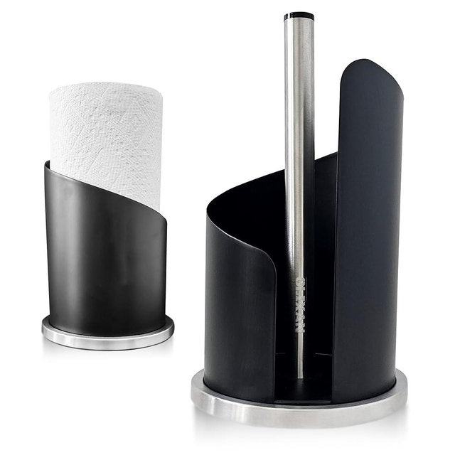 OLIXAN,Stainless Steel Paper Towel Holder Countertop, Modern Spiral Cover Design,Keep Paper Towel Clean,Weighted Base for Stability, Freestanding Easy One-Handed Operation for Kitchen Bathroom (Black)