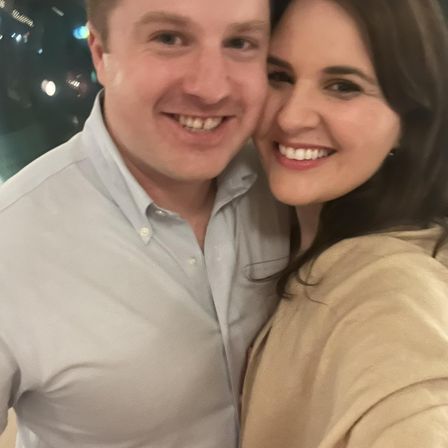 A late night selfie after their first wedding attendance as a couple!