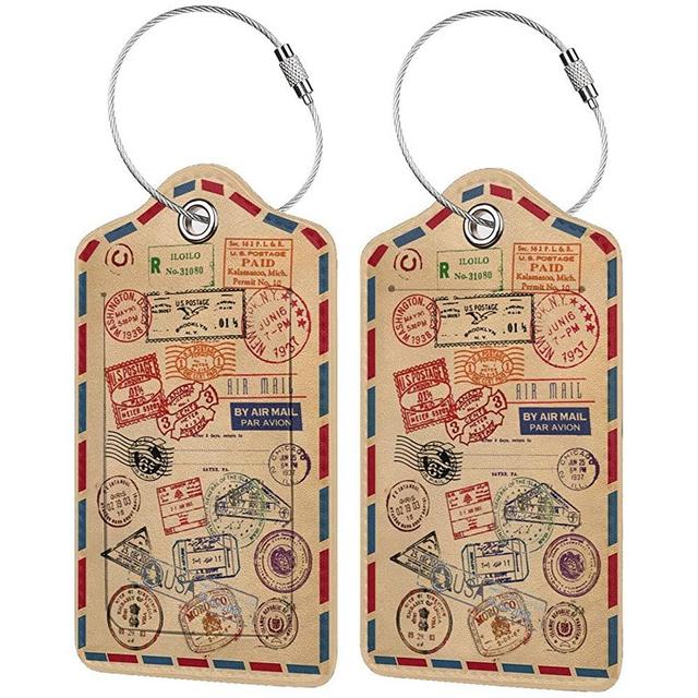 2 Pack Passport Stamps PU Leather Luggage Tag, Name ID Card Baggage Tags with Privacy Cover Stainless Steel for Women Men Kids Girls Travel