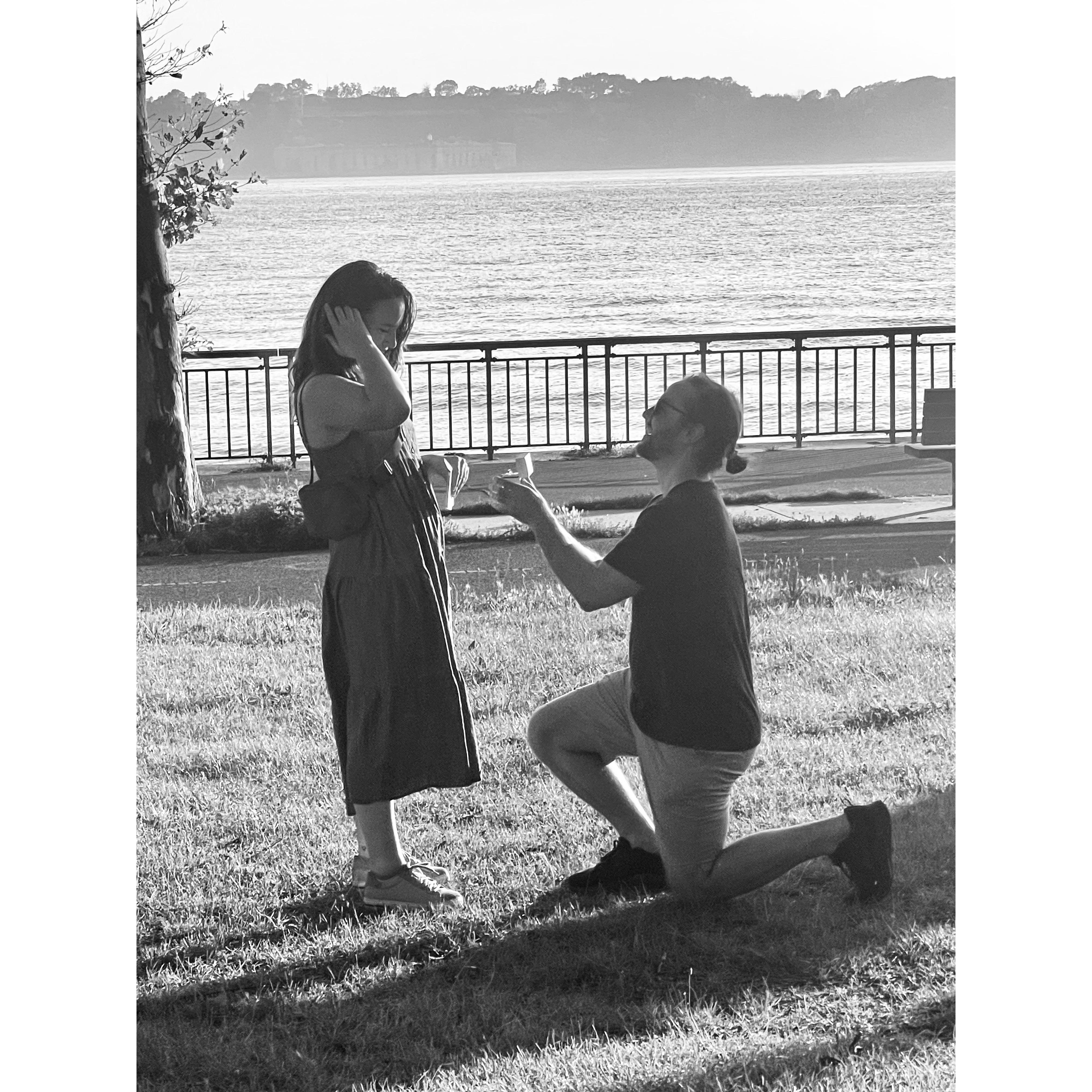 For the proposal, Joel arranged a scavenger hunt through New York City that ended in Kayla's old neighborhood, Bay Ridge, at the Verrazzano-Narrows Bridge.