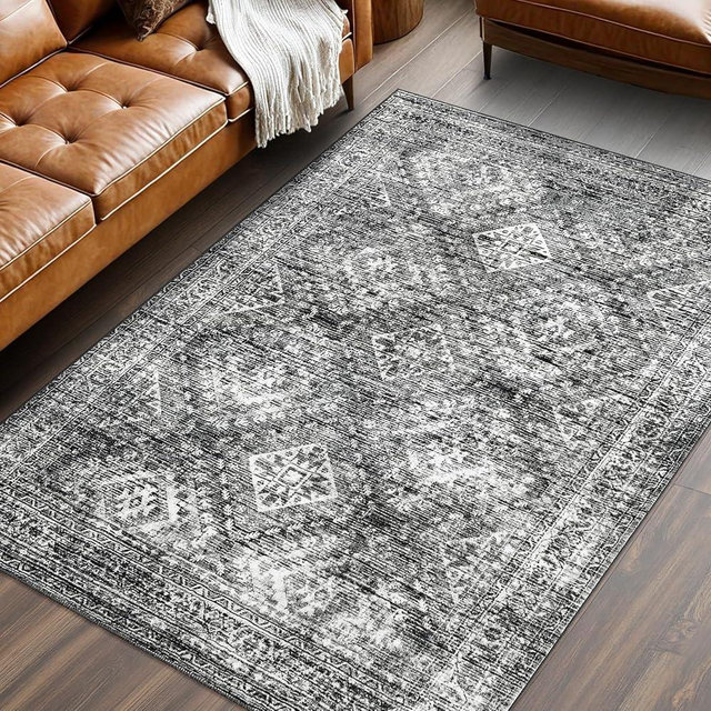 MIULEE 5x7 Vintage Living Room Rug Washable Area Rugs Low Pile Floor Mat for Bedroom Dining Room Non-Slip Stain Resistant Soft Indoor Carpet for Home Decor, Black
