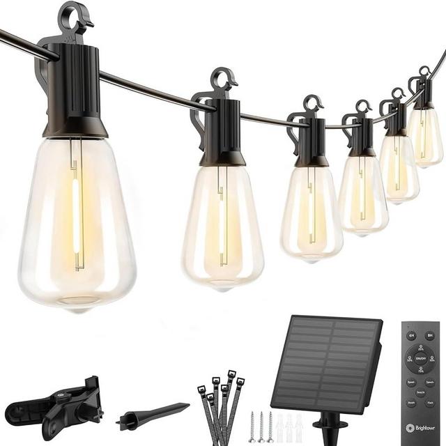 Brightown Outdoor Solar String Lights Waterproof 58FT with 25 Shatterproof ST38 LED Bulbs, 2700K Solar String Lights with Remote, Solar String Lights for Outside, Camping, Yard, Party Decor