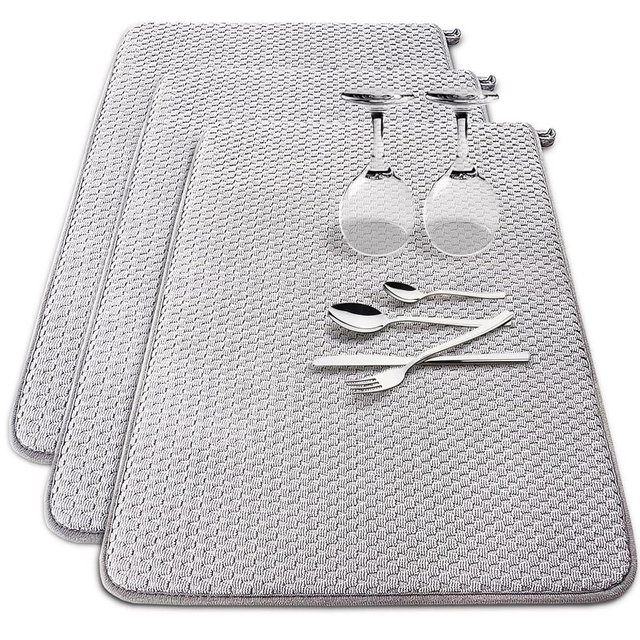 3 Pack Microfiber Dish Drying Mat,24 x 17 inch Super Absorbent Drying Pad,Large Size Dish Drying Mat for Countertops,Sinks,Draining Racks,Gray