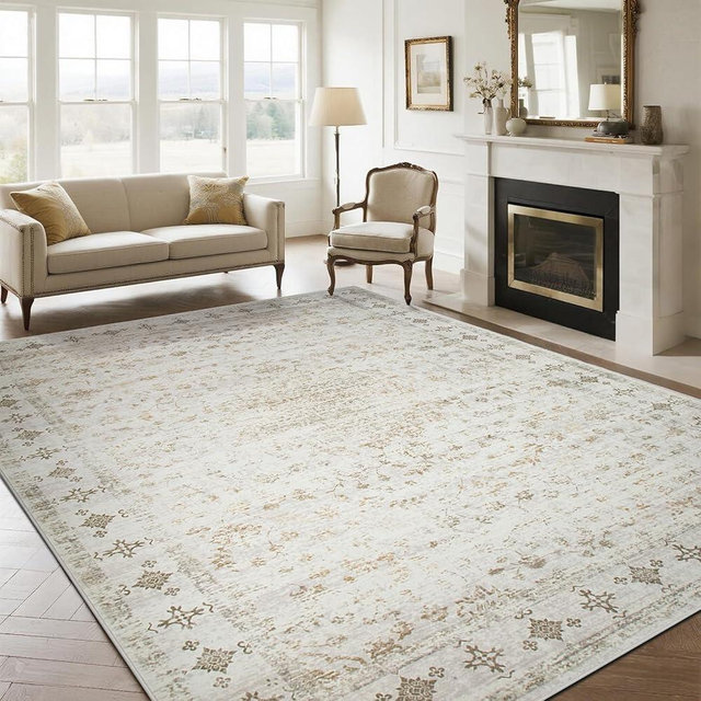 Srugn Washable Rugs 8x10 Area Rugs for Living Room,Rugs for Bedroom,Large Carpets,Ultra Soft Faux Wool Retro Dining Room Rug,Non Slip&Non-Shedding Low Pile Vintage Print Rug for Home Office-Beige