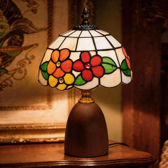 AUGsea 12.2" Tiffany Style Lamp, Handcrafted Stained Glass Sunflower Table Lamp with Spherical Solid Wood Base, 3-Color Dimmable Bedside Lamp for Nightstand & Bedroom, Vintage Aesthetic Accent Light