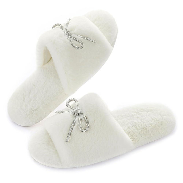 ULTRAIDEAS Women's Fuzzy House Slippers Fancy Open Toe Slides Slippers with Rhinestone Bowknot and Non Slip Sole
