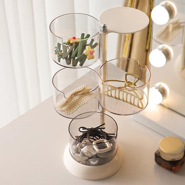 YIEZI 4-Layers Clear Jewelry Organizer, 360° Rotatable Small Cute Acrylic Jewelry Box for Hair Clip, Hair Tie, Earring, Necklace, Bracelet, Ring, Hair Accessories Holder for Girls
