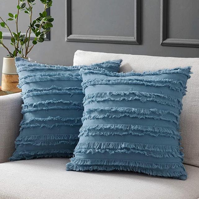 Longhui bedding Blue Throw Pillow Covers for Couch Sofa Bed, Cotton Linen Decorative Pillows Cushion Covers, 18 x 18 inches, Set of 2