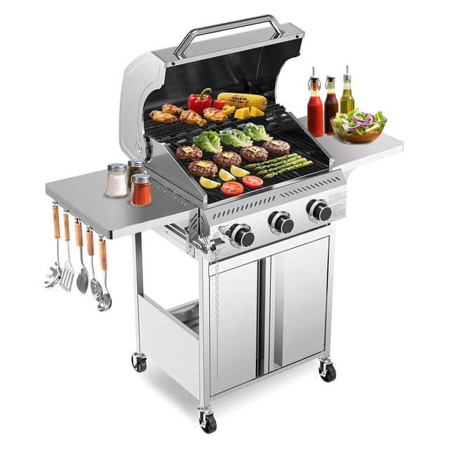 ZAFRO Food Grade Stainless Steel 3-Burner Propane Gas Grill, 24000BTU , Foldable Side Table, Barbecue Grill for Outdoor Cooking, Backyard, Patio
