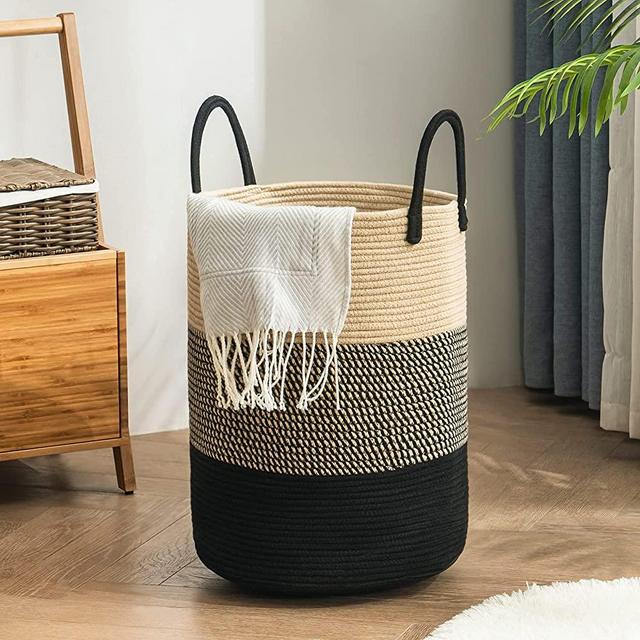 YOUDENOVA Woven Rope Laundry Hamper with Handles, Tall Laundry Basket for Blanket Storage, Heavy Duty Clothes Hamper for Bedroom-58L-Large-Brown