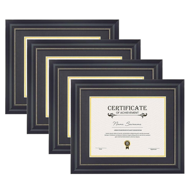 Diploma Frame with HD Tempered Glass, Display 8.5 x 11 Diploma with Black Over Gold Double Mat or 11x14 Picture without Mat, Tabletop & Wall Mount (set of 4), 8.5 by 11 Black Certificate Frame
