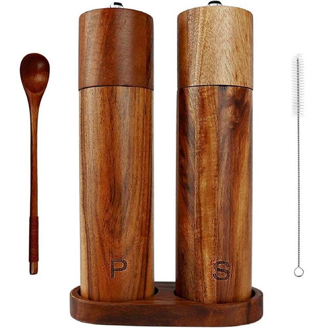 Wooden Salt and Pepper Grinder Set – Acacia Wood – Wooden Tray for Anchoring – Cleaning Brush & a Wooden Spoon - 8 by 2.12 IN – Dinner Table Accessories – Fresh Seasoning – Perfect Gift