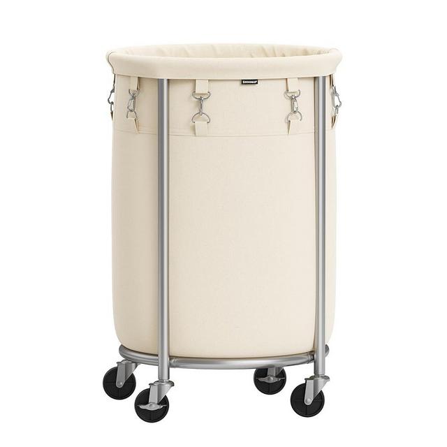 SONGMICS Laundry Basket with Wheels, Rolling Laundry Hamper, 18.5 Gal., Round Laundry Cart with Steel Frame and Removable Bag, 4 Casters and 2 Brakes, Cream and Silver URLS006W01