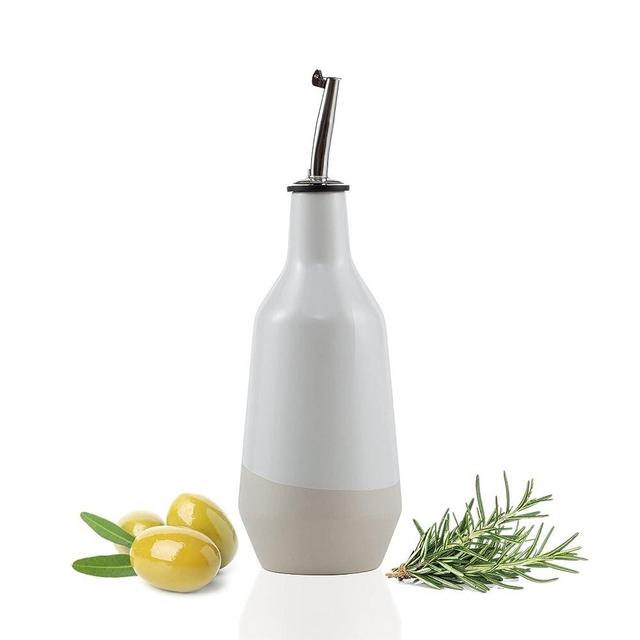 KAKI ceramic olive oil dispenser, Modern design oil, vinegar, syrup, sauce bottle for kitchen, pancake batter dispenser, honey dispenser, mouthwash decanter13.5 ounce (Bright White)