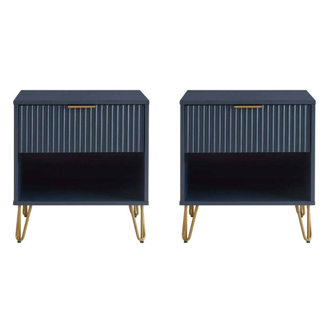 Manhattan Comfort Set of 2 Dumbo Nightstands with Drawer Midnight Blue: Modern Design, MDF Material, Metal Glides, Storage Shelf