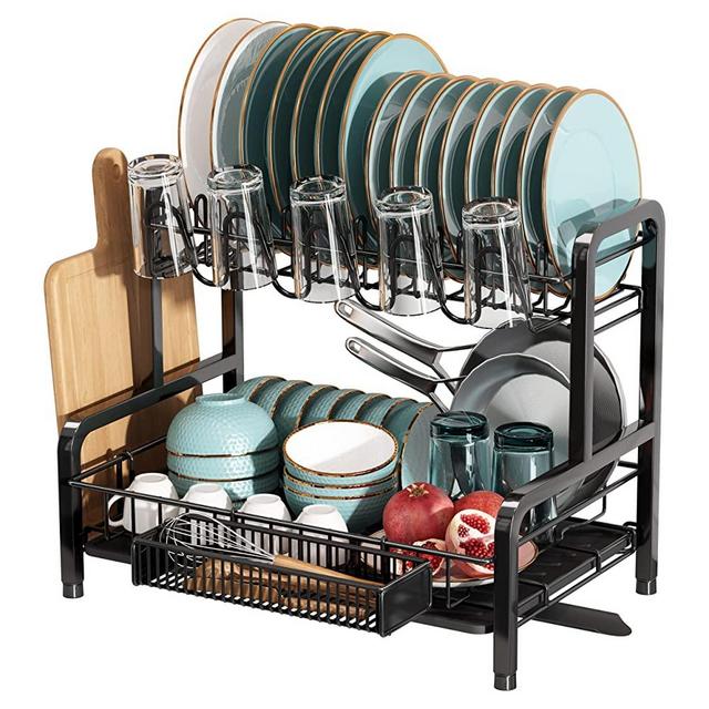 BOOSINY Dish Drying Rack and Drainboard Set for Kitchen Counter, 2 Tier Large Stainless Steel Sink Organizer Dish Racks with Cups Holder, Utensil Holder, Dish Strainer Shelf (Black)
