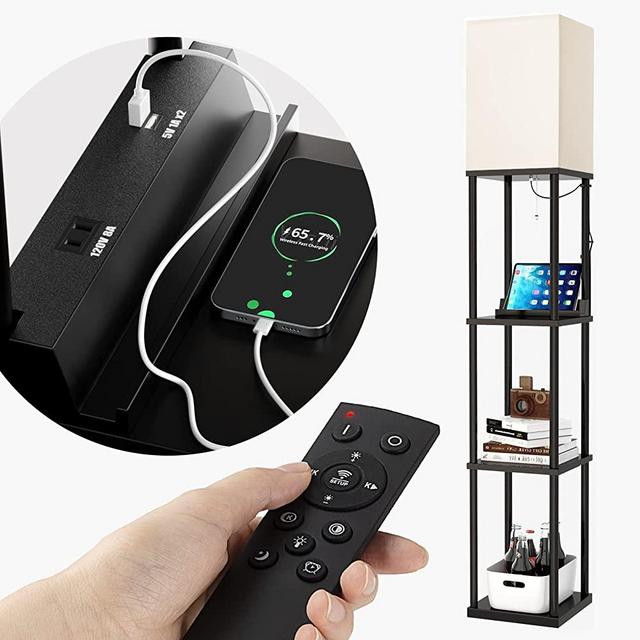 addlon Modern Shelf Floor lamp with Remote and 2 USB Charging Ports and 1 Power Outlet, Display Floor lamp with Shelves for Living Room, Bedroom and Office - Black
