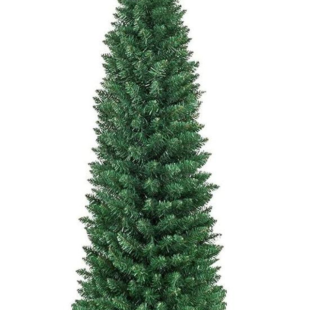 HAPPYGRILL 5FT Pencil Christmas Tree Slim Xmas Tree Unlit Skinny Artificial Christmas Tree with Foldable Metal Stand PVC Material Leaves