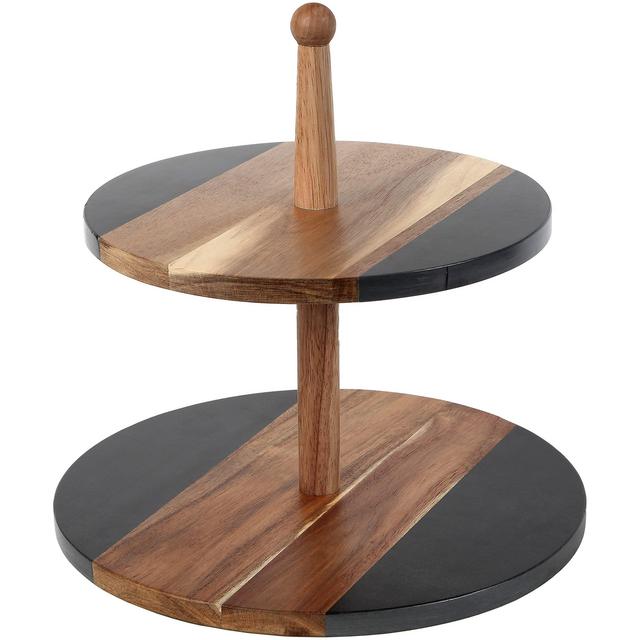BALIN DESIGNS Two Tiered Serving Tray, Black Round Acacia Wood Tiered Tray, 2 Tier Serving Stand for Kitchen Counter Decor, Round Wooden Trays for Home Decor - Black Slate