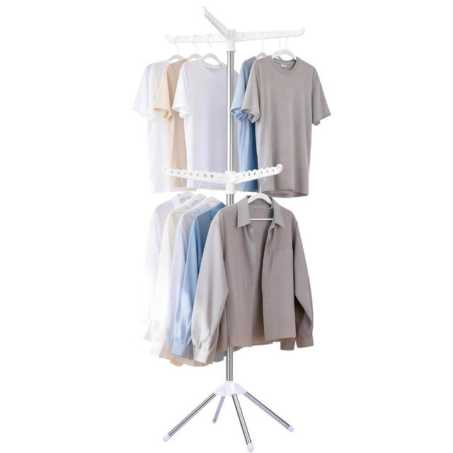 Beaudaily Clothes Drying Rack, Foldable 74.8-Inch Laundry Drying Rack, Indoor 2 Tier Drying Rack Clothing with Rotatable Arms, Stainless Steel, Holds 54 Pieces, Space Saving, White and Silver