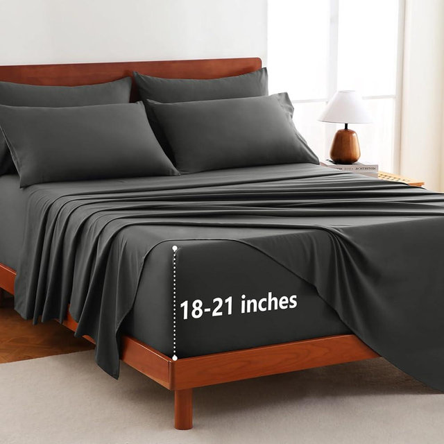 CozyLux Extra Deep Pocket King Size Sheets Set - 6 Piece King Sheets - Luxury Sheet King Size Fits Up to 21 inches Mattresses, Breathable King Sheet Set & Pillowcases - Easy & Secure Fit, Dark Grey
