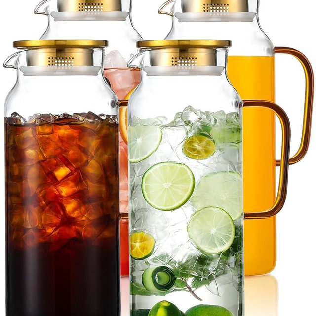 4 Pack 2 Liter/68 oz Glass Pitcher with Lid, Water Pitchers with Handle for Fridge, Large Jug for Iced Tea, Coffee, Borosilicate Glass Carafe for Hot/Cold Brew Drink and Homemade Beverage, Gold