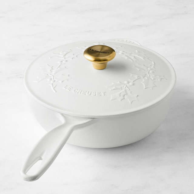 Le Creuset Enameled Cast Iron Holly Saucier, 2 1/4-Qt., Matte White with Brass Knob
