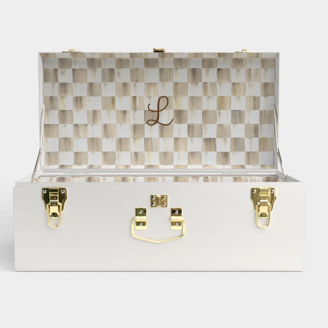 Petite Trunk - White/ Mocha check print inside/ mirimar font letter L/ Brown thread