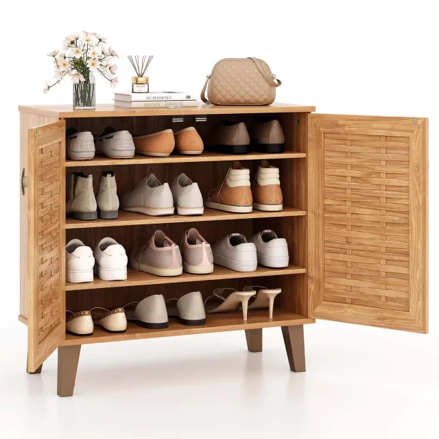 Costway 2-Door Shoe Cabinet with Ventilated Woven Doors & 3 Removable Shelves for Entryway