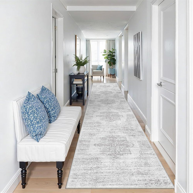 Restydon 2x10 Runner Rug, Long Hallway Rugs for Dining Room, Living Room, Bedroom, Machine Washable Kitchen Carpet Runner with Rubber Backing, Soft Low Pile Indoor Rug(2'x10', Light Grey/White)