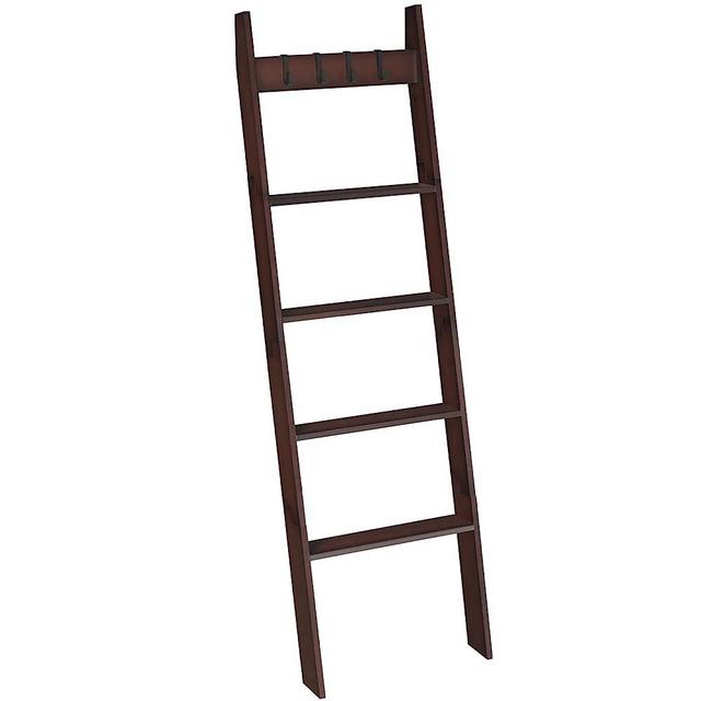 HOOBRO Blanket Ladder, Wall Leaning Blanket Rack, 16.9" L x 58.3" H, 5 Tier Farmhouse Ladder Shelf, Towel Rack, Decorative Quilt Rack, Removable Hooks, Living Room, Bedroom, Bathroom, Brown BR52CJ01