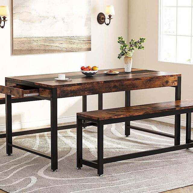 Tribesigns 63 Inch Large Dining Table Set for 4 to 6, Kitchen Breakfast Table with 2 Benches & Sided Drawer, 3-Piece Modern Industrial Bar Table Furniture for Dining Room, Rustic Brown & Black