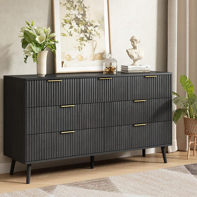 CARPETNAL 55" Wide Fluted 7 Drawer Dresser for Bedroom, Wooden Chest of Drawers with Rounded Corners, Gold Handles, Modern Dresser TV Stand and Storage Organizer for Bedroom, Hallway, Black