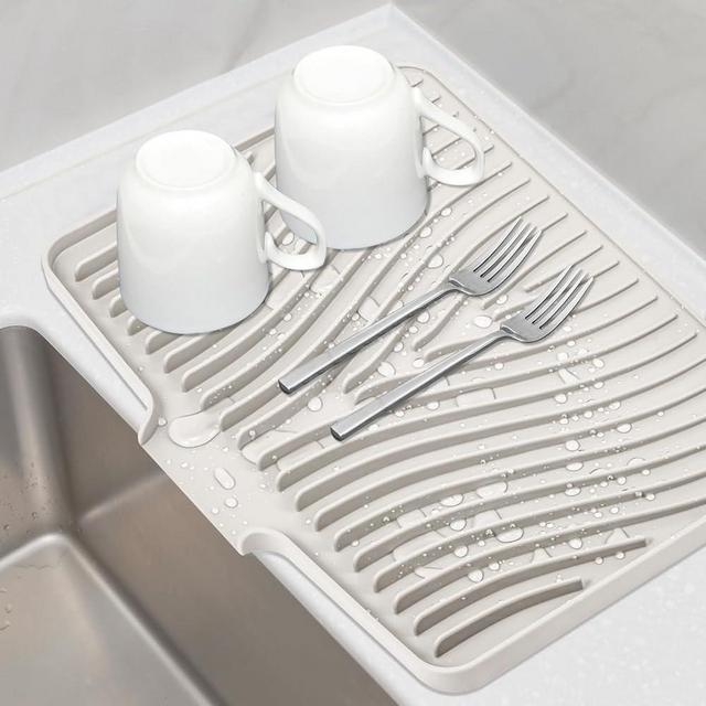TIKNIK Silicone Dish Drying Mat, Stone Drying Mat for Kitchen Counter with Built-In Drain, Non-Slip Drain Pad with Built-in Drain, Heat Resistant Stone Drying Mat, 1Pcs 19.7" x 17", Beige