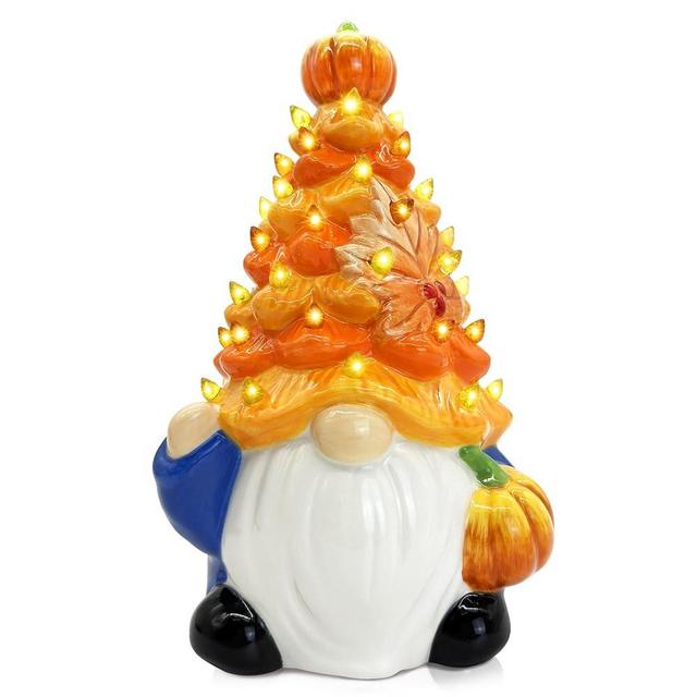 Ceramic Gnome Fall Decorations, Blue Gnome Ceramic Tree Lighted, Light up Pumpkin Gnome Fall Table Decor, Orange Fall Decor Bedroom Indoor, Fall Centerpieces for Tables Gnome Fall Thanksgiving Gifts