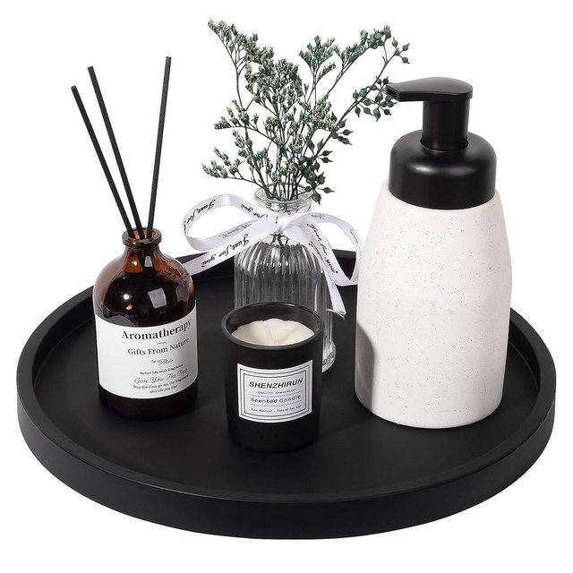 Silicone Bathroom Tray Round Vanity Tray Decorative Soap Holder Kitchen Countertop Organizer Coffee Table Decor for Candle, Perfume, Plant, 11 Inch, Black