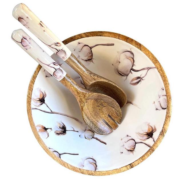 The Fern Trail Wood Serving Bowl | Salad Bowl with Tongs | Wooden Decorative Bowl | Wood Fruit Bowl for Kitchen Counter | Mango Wood Bowl (Cotton)
