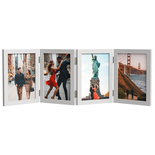 WARM&LOVE 4 Picture Frame, 4x6 Four Folding Hinged Photo Frames, Rustic Wood Desk Family Photo Collage Stand Vertical on Tabletop for Birthday Family Lover Gift (White)