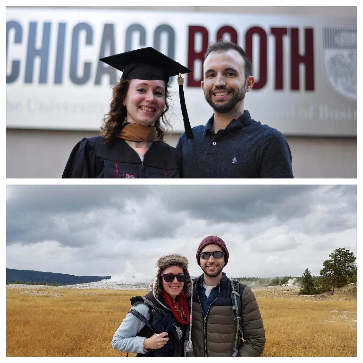 Top: Alex graduated from the University of Chicago Booth with her MBA in 2020
Bottom: Hiking in Yellowstone National Park 2016