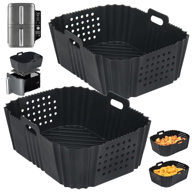 BYKITCHEN Air Fryer Silicone Liners for Ninja SL401/DZ201/DZ401/DZ550 Double Stack 2 Basket Air Fryer, Rectangle Perforated Dual Silicone Air Fryer Liners, Ninja DoubleStack XL Air Fryer Accessories