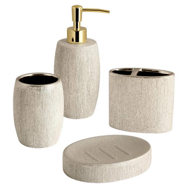 4pc Shimmer Lotion Pump/Toothbrush Holder/Tumbler/Soap Dish Set Gold - Allure Home Creations