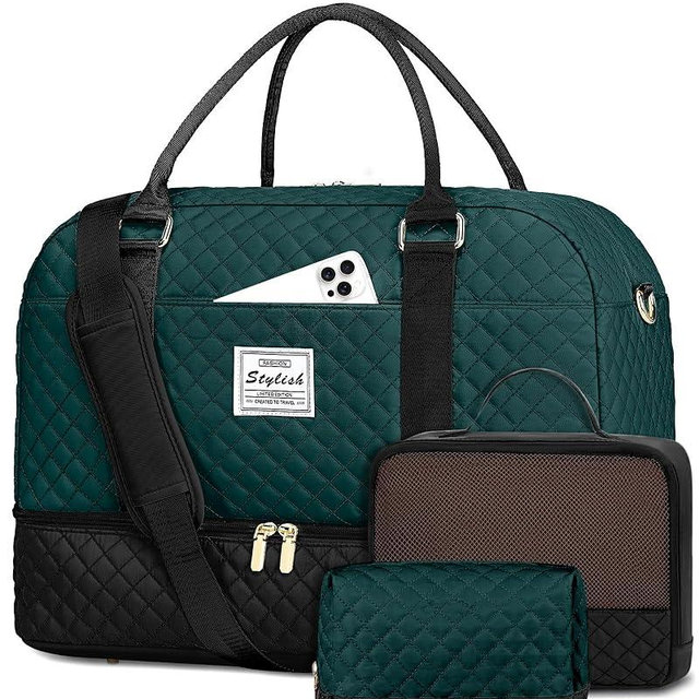CAYINTOP Weekender Travel Duffle Bag for Women: Overnight Bags with Shoe Compartment Carry on duffel Bag for Airplanes with 2 PCS Toiletry Bags Weekend Yoga Gym Hospital with Wet Pocket Black Green