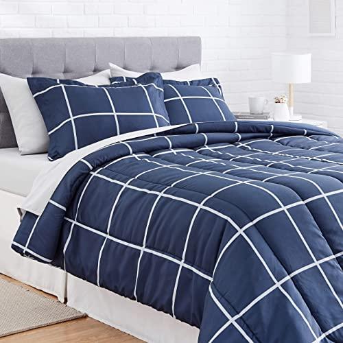 AmazonBasics 7-Piece Light-Weight Microfiber Bed-In-A-Bag Comforter Bedding Set - Full or Queen, Navy Simple Plaid