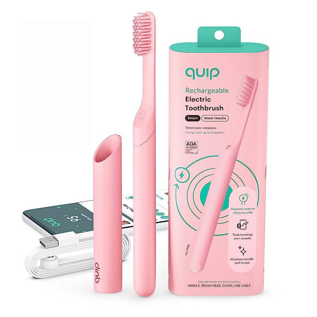 Quip Rechargeable Electric Toothbrush - Smart, Bluetooth Sonic Toothbrush with Habit Improving Timer - ADA Accepted Electric Toothbrush for Adults - Travel Toothbrush with Cover - All Pink Metal