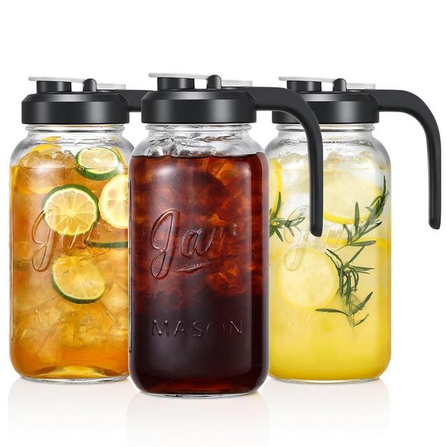 3 Pack, Glass Pitcher with Lid - 2 Quart Mason Jar Pitcher with Filter Lid, Wide Mouth Jar Leak-proof Water Jug, Heavy Duty Container for Water, Juice, Milk, Tea, Iced Coffee, and Drinks
