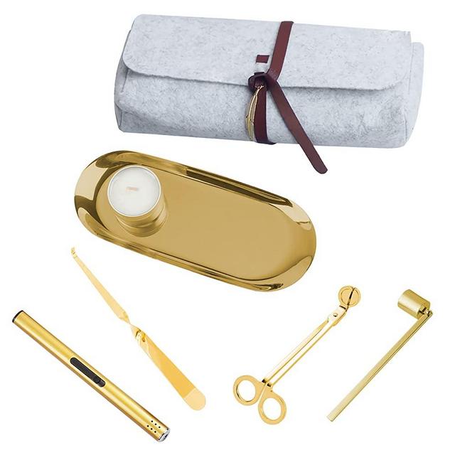 YZGJM Elegant 5Pcs Candle Wick Accessories, Candle Wick Trimmer, Dipper, Snuffer and Rechargeable Electric Candle Lighter Really Suitable for Dating or House Decor. (Gold)